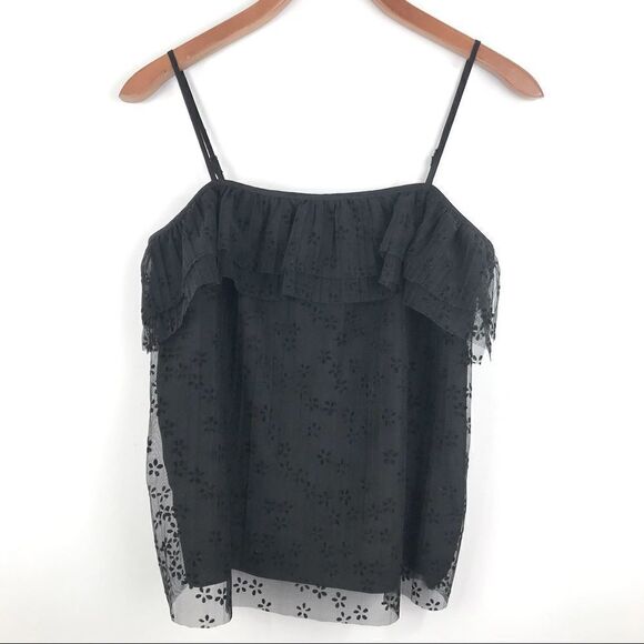 J. Crew Black Ruffle Floral Lace Mesh Cami - Picture 1 of 11